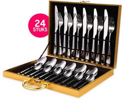 6 Persoons Besteksets (24-Delig) - Lepels - Messen - Vorken – Roestvrijstaal en Vaatwasser Bestendig – Bestek - Inclusief Goudkleurige Opbergkoffer