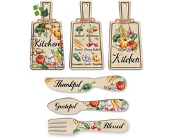 6 pieces fruit vegetables chopping board food plate set - wood kitchen plates - wall decor - fork and spoon wall decor - hanging art - kitchen dining plate for kitchen and home decoration