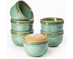 6 porseleinen schaaltjes, groen, 180 ml, mini-ovenschaal, reactief glazuur, dessertkommen, porselein, ovenbestendig, magnetronbestendig