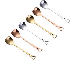 6 Roestvrijstalen minilepel, Roestvrijstalen Theelepels, Hartvormige Lepels, Hart Rose Gouden Theelepel, Voor Koffie, Suikerklontjes, IJs, Cake (14,3 cm)