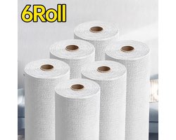 6 Rollen Zelfklevend Behang - 3D Linnen Structuur Muursticker, Waterdicht & Afneembaar Effen Behangpapier, Zonder Lijm Makkelijk te Plaatsen, Wandbekleding voor Slaapkamer Woonkamer Keuken, Muurdecoratie Wanden Renovatie - 50X280 cm - Wit