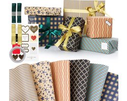 6 Sheets Recyclable Wrapping Paper with Gift Stickers, Ribbons, and Tape for DIY Crafts (70 x 50cm) - Classic Style