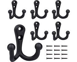 6 stuks - 54*49mm - Haak - Kledinghaak - Retro dubbele kapstokhaken - Muurhaak - Metalen haak - Universele haken - met 12 schroeven - voor jas, sjaal, tas, handdoek, sleutel, pet, beker, hoed - zwart