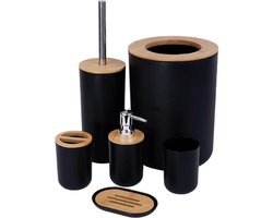 6 Stuks Bamboe Badkamer Accessoires - Moderne Badkamer Set - Luxe Toiletborstel En Prullenbak - Tandenborstelhouder - Tumbler - Zeepbakje - Zeepdispenser - Perfecte Badkamer Gift