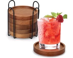 6 stuks beste houten onderzetters met houder, woonkamertafeldecoratie, set onderzetters van acaciahout, moderne onderzetters, eettafel, keukenaccessoires, leuke bierbar, decoratieve rustieke buitenruimte Onderzetters