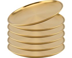 6 stuks - Bestek - 30 cm - Rond bord - Roestvrijstalen bord - Rond - Metalen bord - 201 roestvrij staal - Keukengerei - Groot - Campingbord - Geschikt voor barbecue, snacks en het serveren van eten - Vaatwasmachinebestendig - Goud