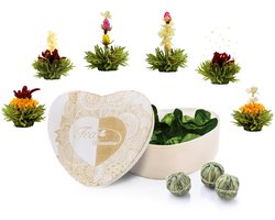 6 stuks ErblühTee in hartvormige houten kist "Groene thee"