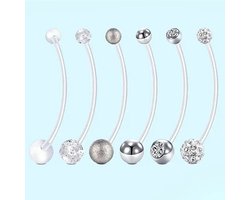 6 stuks Flexibele Navel Piercing Set zilverkleurig – Zwangerschapsnavelpiering - Bioplast Staafjes met Verwisselbare Balletjes – Diverse Maten – Comfortabel & Hypoallergeen - Babyshower Cadeau / Kado