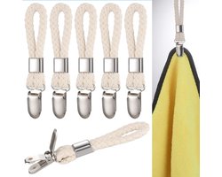 6 stuks - handdoekklemmen - badhanddoekklem - metalen keuken-theedoek haken - met geweven katoenen touw lus - voor het ophangen van theedoekhouders in keuken, badkamer, thuis - Beige - 11*2.3 cm