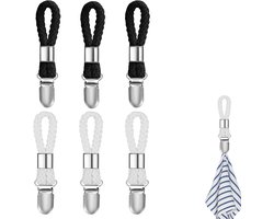 6 stuks - handdoekklemmen - badhanddoekklem - metalen keuken-theedoek haken - met geweven katoenen touw lus - voor het ophangen van theedoekhouders in keuken, badkamer, thuis - zwart en wit - 11*2.3 cm