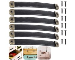 6 stuks Handvatten - Leren handgrepen - Kofferhandvatten - Ladehandgrepen - Deurhandgrepen - Kasthandgrepen - Inclusief montageschroeven - Voor kasten, koffers, lades, deuren en ramen (16*2,4 cm - Zwart)