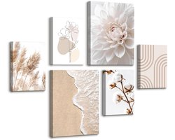 6 stuks houten lijst foto's decoratie woonkamer katoen bloemenpatroon wit canvas schilderij beige boho pampasgras geometrische afbeelding decoratieve foto's woonkamer slaapkamer 30 x 40 cm x 2 + 20 x