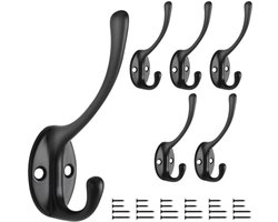 6 stuks kapstok muur kledinghaken antieke hoed gemonteerde haak zware dubbele kapstok met 12 schroeven voor badkamer slaapkamer paskamer (mat zwart)