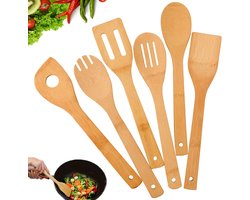 6 stuks - Keukengerei van bamboe - Bamboe Kooklepel - Spatels met antiaanbaklaag - met handvatten - Hittebestendige spatelset - Kookgerei met antiaanbaklaag - Premium houten lepelset - kookgerei van bamboe voor antiaanbakpannen