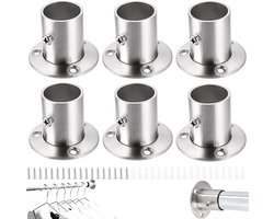 6 stuks - Kledingkastrailsteun - Roestvrijstalen kastbasis - Gordijnroedebeugel - Railsteun - Roedehouder - Klemmenset - Binnendiameter 22,5 mm - Zilver - Geschikt voor kledingkast- en gordijnroedes