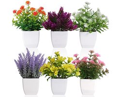 6 stuks kleine kunstplantjes met bloemen - decoratieve nep-potplanten voor huisdecoratie, decoratie voor binnen, op kantoor, tafel of plank