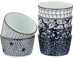 6 stuks kom, vintage bakkom van keramiek, ovenschimmelschaal, dessertkom, ovenbestendige schaal, slakom, ovenvaste kopjes voor dessert, brood, koekjes, snacks, blauw, 9,4 x 9,4 x 5 cm