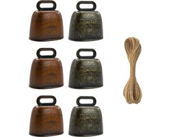6 Stuks Koperen Schapen Klokken IJzer Antieke Messing Klok Hangende Halsbel Antieke Messing Klok Bronzen en Koperen Klokken met Henneptouw 6 Stuks