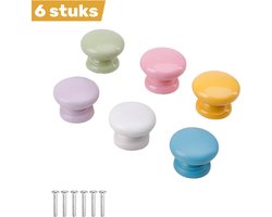 6 stuks - Massief houten handgrepen - Rond design Ø33 x 25 mm - Eenvoudige enkelgats handgrepen voor laden, kasten en deuren - Paddenstoelvorm - Wit, roze, geel, blauw, groen en paars - Stevig en decoratief