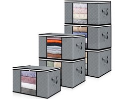 6 stuks | Opbergtas van 90 liter, opbergzakken voor kleding, stof met transparant venster 60x43x35cm, opvouwbare dozen, organizer onder het bed voor dekbedden, handdoeken (grijs/zwart)