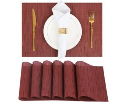 6 stuks placemat - Geïsoleerde placemat - Wasbare placemat - Geweven PVC vinyl tafelmat - Bamboe textuur - Voor eettafel - Duurzaam, hittebestendig, antislip - 30 x 43 cm - Rood