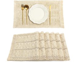 6 Stuks Placemats - Natuurlijk katoen en linnen materiaal - 30x50cm - Boheemse stijl - Wasbaar - antislip - kwastjesdetail - Geschikt als tafelbescherming - Beige