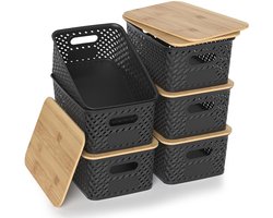 6 Stuks Plastic Opbergdoos Met Bamboe Deksel-Stapelbare Voedsel Opbergdoos Opbergmand Met Deksel-Voor Het Sorteren: Kleine Opbergdoos Geschikt Voor Plank Kast Kantoor Lade Desktop (Zwart)