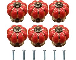 6 Stuks Pompoen Meubelknoppen Rood Vintage Keramiek Knoppen voor Kast, Lade en Interieurdecoratie met Schroeven en Decoratieve Handvatten