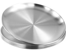 6 stuks roestvrijstalen borden - 26 cm - rond servies - camping - zilveren schotels - ronde serveerborden voor keuken - feest