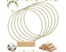 6 stuks - Ronde ijzeren ringdecoratie - Metalen ring met houten voet - Bloemenkransstandaard - Bloemenkrans als tafeldecoratie - Goud - Bloemenkransdecoratie voor bruiloften/feesten - Wanddecoratie - Geschikt voor bruiloften