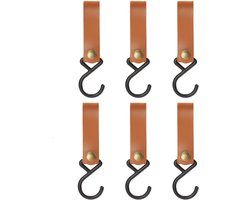 6 stuks S-haken om op te hangen, campinghaken, S-haken van leer, bruine haken voor potten, zaklampen, mantels, handdoeken, keuken, outdoor, rugzak