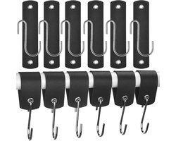 6 stuks S-haken van leer, S-haken met lederen strepen, roestvrij staal, grote zwarte S-haken, keukenhaken voor het ophangen van handdoeken en mokken
