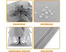 6 Stuks Schoenentassen voor Reizen, 36x27cm Draagbare Trekkoord Schoenentassen Stofdichte Reistas Niet-geweven Schoen Opbergzakken met Transparant Venster voor Mannen Vrouwen Schoenen Kleding Handdoeken, Grijs, Koffer