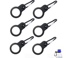 6 stuks - Siliconen Festival Fles Houder - siliconen waterfleshouder - siliconen hangende flesgespclip karabijnhaak - draagbare waterflesringhouder - met 6 stuks sleutelhangerringclip - voor buiten kamperen wandelen reizen - zwart - 100×36mm