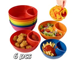 6 stuks - Snackkommetjes met vakjes - Stapelbaar en gemakkelijk op te bergen - Notenkommetjes - Saladekommetjes - 14,8 x 5 cm - Perfect voor thuis, vrije tijd en het portioneren van eten - Verkrijgbaar in rood, geel, oranje, groen, roze en blauw
