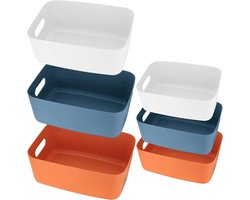 6 Stuks Stapelbare Opbergmanden, Kunststof Organizer Dozen met Handvatten voor Keukenkast, Badkamer, Kinderkamer, 3 Kleuren, Klein en Middelgroot