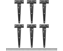 6 stuks - T-scharnier voor deur - met schroeven - 6 inch - schuurdeurscharnier - T-deurscharnier - T-scharnieren - T-scharnier - buitendeurscharnieren - voor houten schuttingen, schuren, kasten en ramen - zwart - 6,4*25 cm