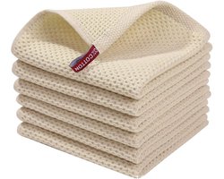 6 Stuks – Theedoeken & Vaatdoeken Beige/Crème – Wafelstructuur Keukendoeken – Multifunctioneel – 30x30 cm – Handdoeken voor Keuken en Huishouden