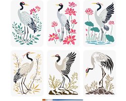 6 Stuks Verf Sjablonen voor Kranen met 1 Plastic Verfkwast - Lotus, Bladeren, Steen en Crane Patroon voor Houten Muren en Meubels DIY Decoratie