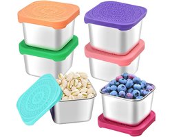6 stuks verpakking 6 oz roestvrijstalen kinder snack container - gemakkelijk te openen lekkagebestendige metalen kinder snack container - met silicone deksel - stapelbare metalen kinder lunchdoos - handige doos lunchdoos voor kinderopvang - school en
