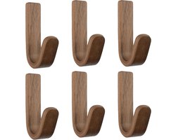 6 stuks walnoot zelfklevende wandhaken, J-type zelfklevende haak, natuurlijke houten sleutelhouders, wandmontage, zwaar uitgevoerde kapstok voor badkamer slaapkamer entree
