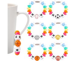 6 Styles Wijn Glas Charms - Silicone Wijn Markers Bulk - Sporten Basketball Football Volleyball Silicone Focal Beads Persoonlijke Handle Cup Charms voor Bekers Keychain Tumblers Handgreep
