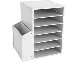 6 vakken, documentenbak, brievenbak, bureau met zijdelingse opbergkast, A4-papierlade, papier, magazijn, organizer, bureaulade voor thuis, kantoor, school, wit