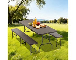 6-voets inklapbare picknicktafel met 2 banken — 3-delige campingset — HDPE-tafelblad met houtnerfstructuur — Voorzien van veiligheidssloten — Weerbestendig & UV-bestendig — Bruin