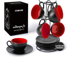 6 x 175 ml Cappuccino kopjes/Cappuccino kopjes set buitenkant zwart binnenkant gekleurd - Collectie Le Papillon (Rood)