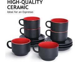 6 x 75 ml aardewerk espresso mok/mokken set zwarte buitenkant kleurrijke binnenkant (Rood)
