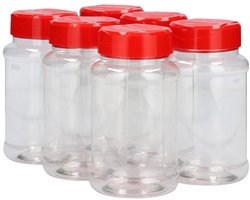 6 x Strooibus Middel 500 ml - Transparant & Rode Deksel- PET Kunststof BPA-vrij - Plastic kruidenpotten Navulbaar - Met Dop - Lege Potten - 6 stuks