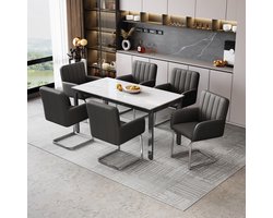 6 Zitstoelen Set - Lounge Stoelen Met Verticale Strepen En Z-vormige Metalen Poten - Kunstleder Zwart