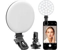 60 LED Ringlamp, Oplaadbare Selfie Verlichting met Voor- en Achter Clip, 2500-6500K Draagbare Telefoonlamp, Verstelbare 3 Lichtmodi voor iPhone, iPad, Tablet, Laptop, CRI97+, 90g (Zwart)