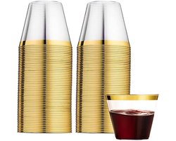 60 stuks plastic bekers met gouden rand, 270 ml, herbruikbaar, elegant, voor feest, champagne, bier, cocktail, martini, frisdrank, dessert (8,9 x 7,1 cm)